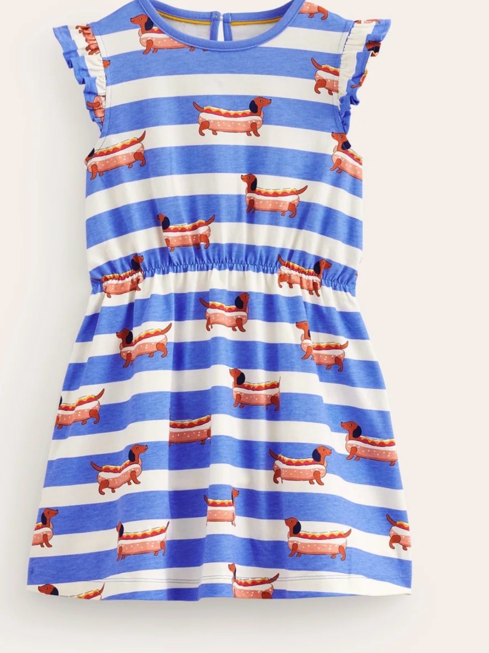 Mini Boden Frill Sleeve Jersey Dress in Surf Blue Hot Dog Stripe Size 4-5 Years